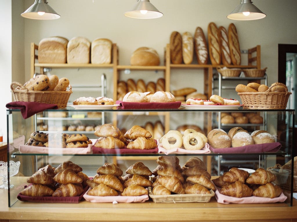 Banco di panetteria francese con croissant, baguette e viennoiserie
